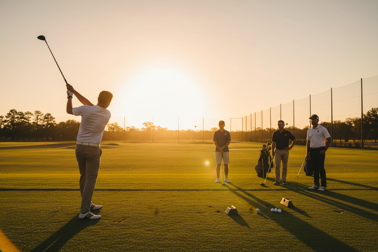 Golf pro coaching swing on driving range at golden hour