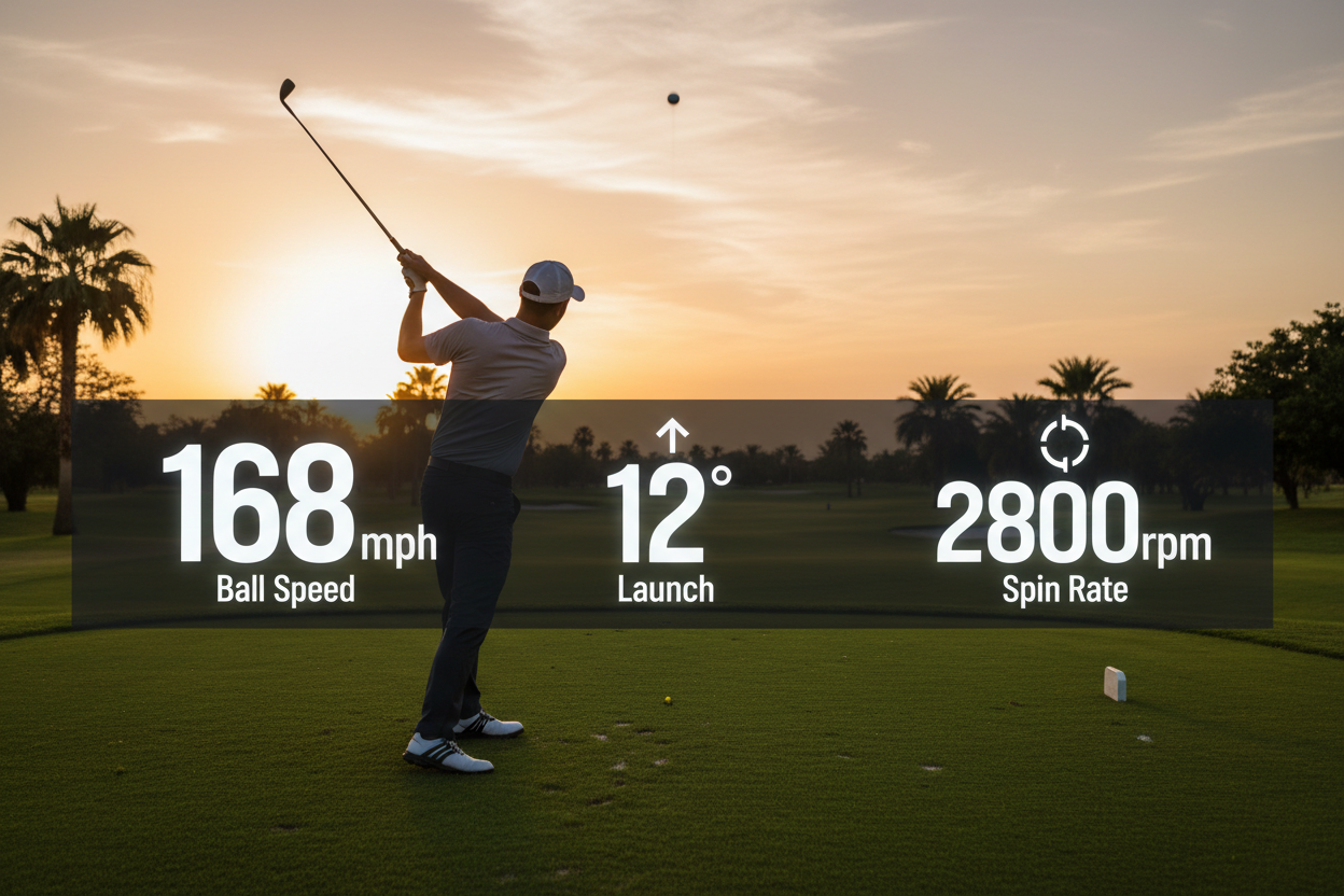 Launch monitor data overlay showing ball speed and spin