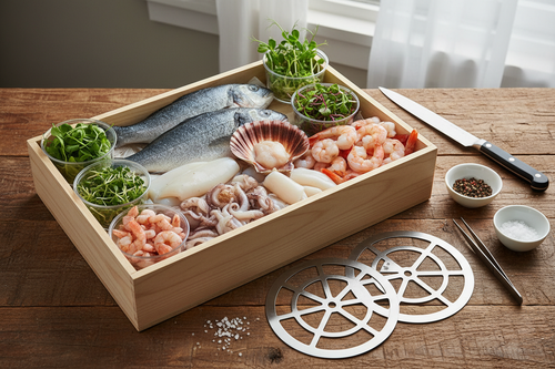 Ingredient box with fresh seafood and plating templates
