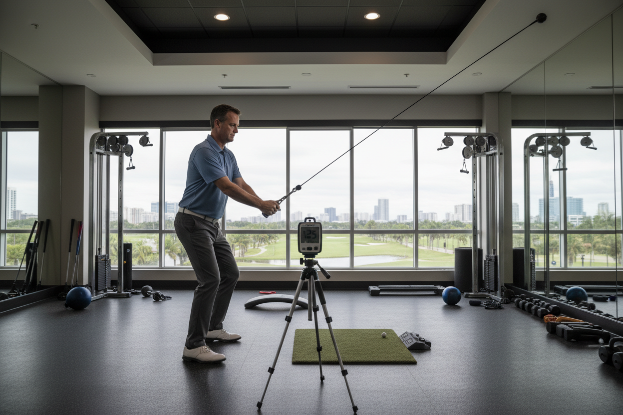 Executive golfer doing rotational power training