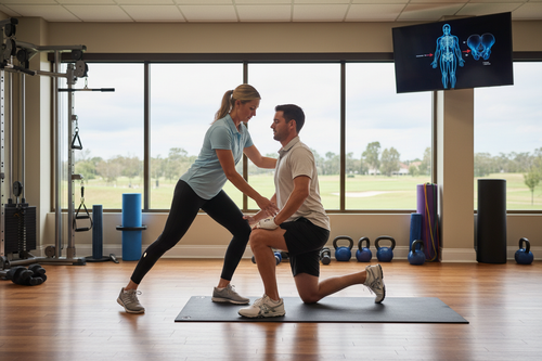 Athletic trainer guiding golfer through mobility exercises