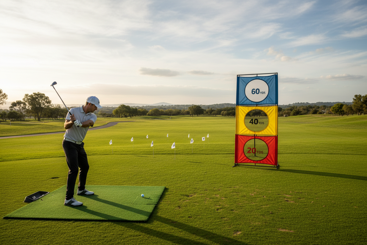 Golfer hitting wedge into chipping net with distance markers