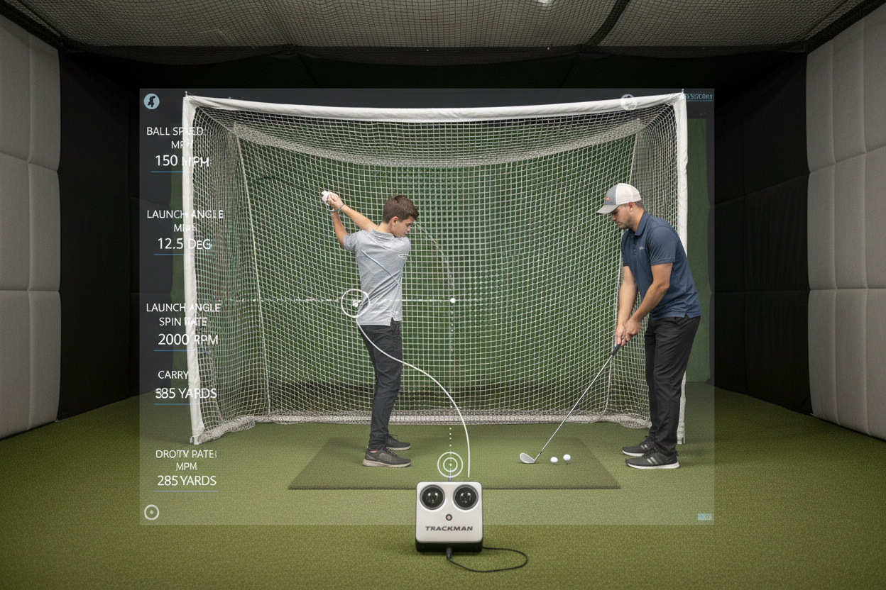 Golf coach using Trackman launch monitor with student
