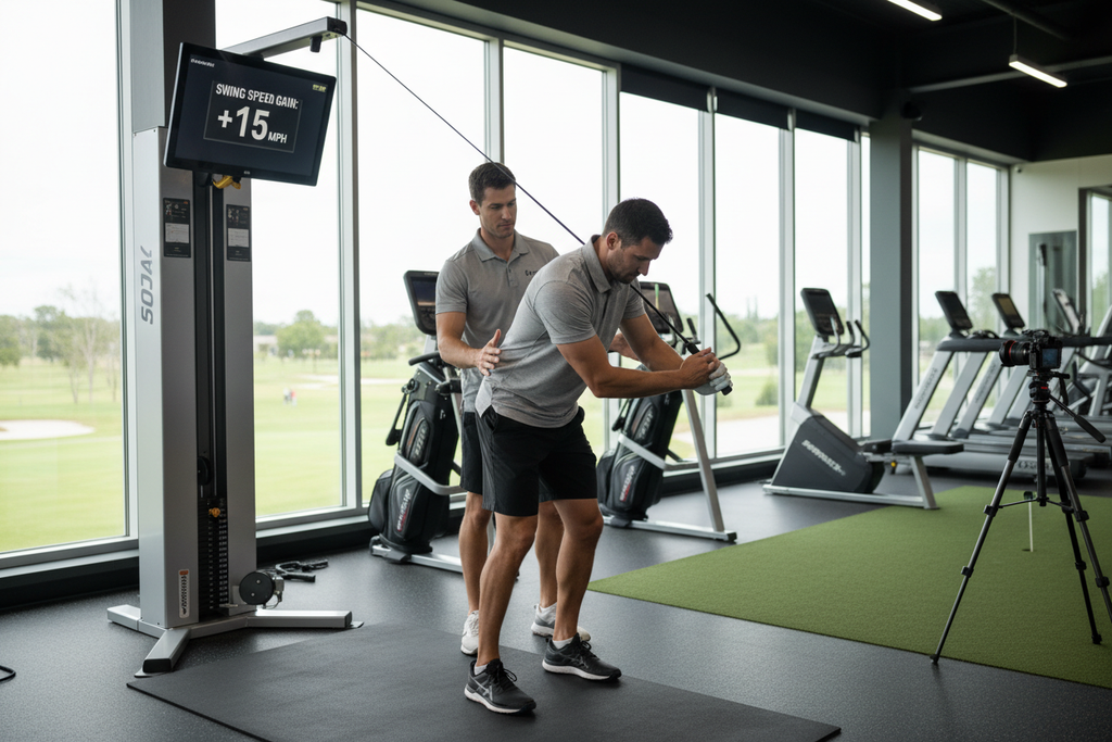 Golf fitness trainer with athlete on cable rotation machine