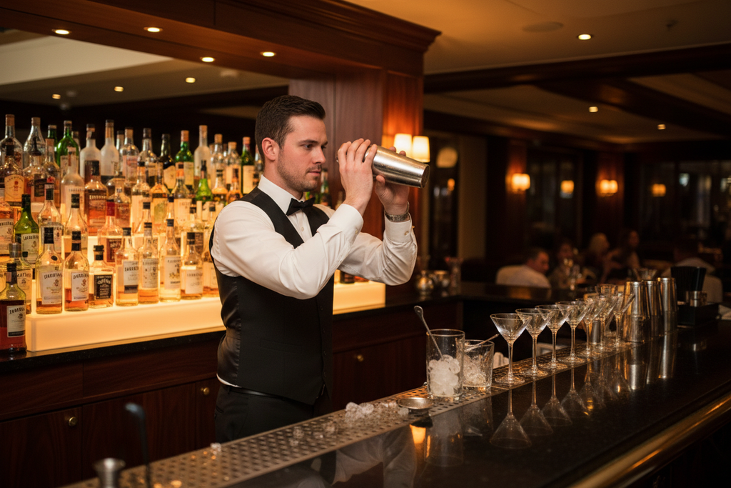 Club bartender mixing cocktail behind bar