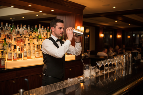 Club bartender mixing cocktail behind bar