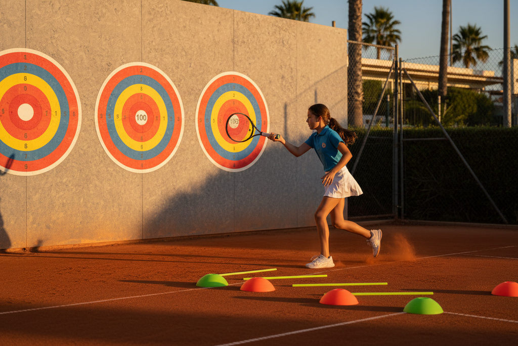 Young tennis player practicing with target wall decals