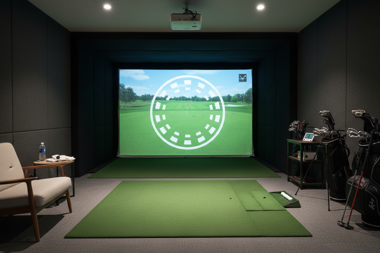 Full indoor golf setup with hitting mat and clubs