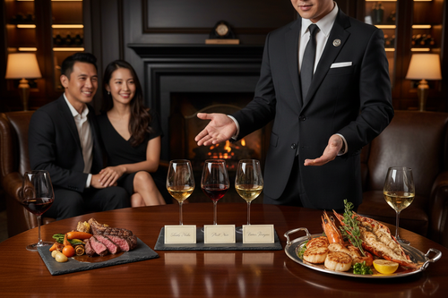 Club sommelier presenting wine flight with tasting cards