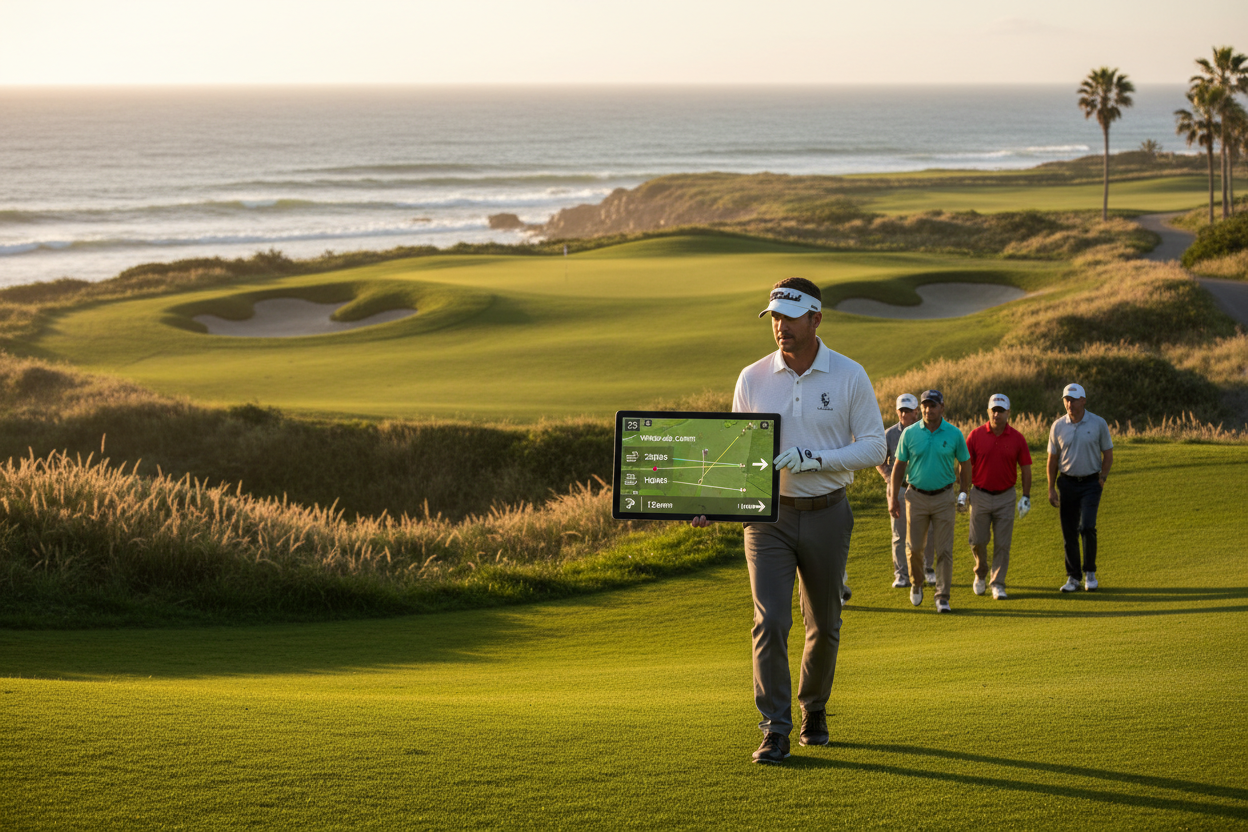 Club pro analyzing hole strategy with tablet