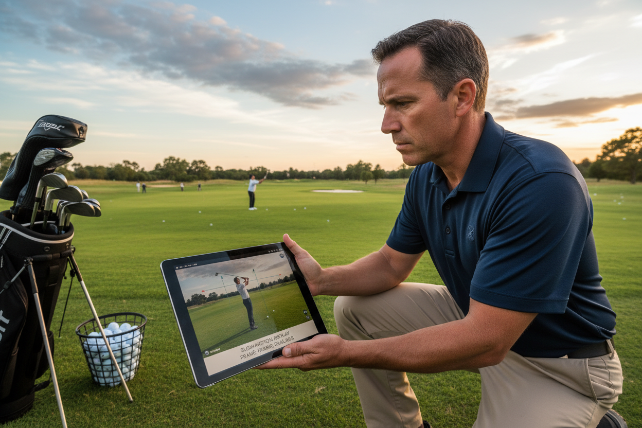 Golf pro analyzing swing video on tablet