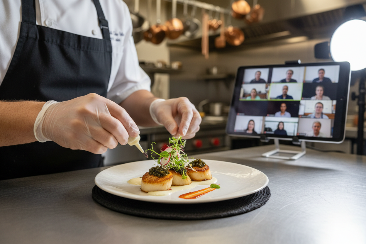 Club chef plating seared scallops for virtual class