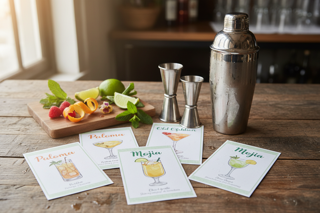Cocktail recipe cards with garnishes