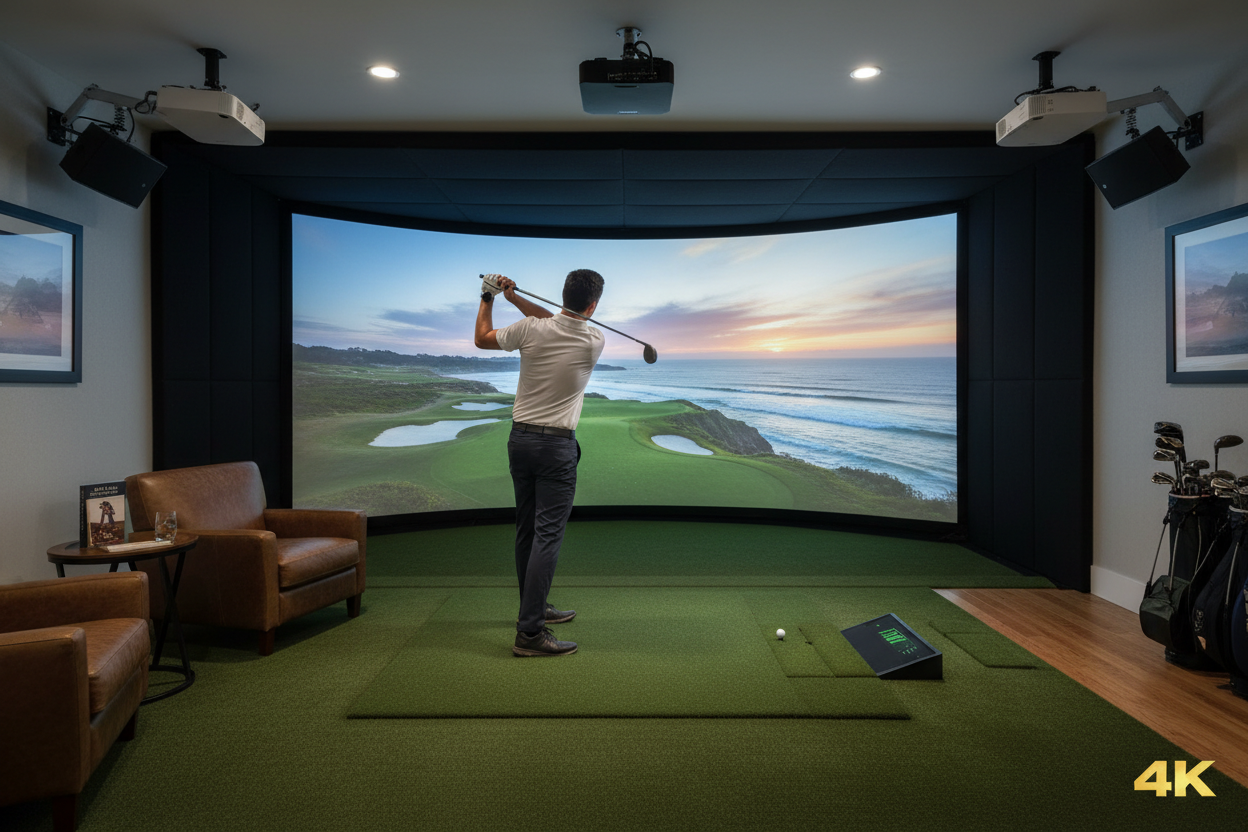 Complete home golf simulator room with 4K projection