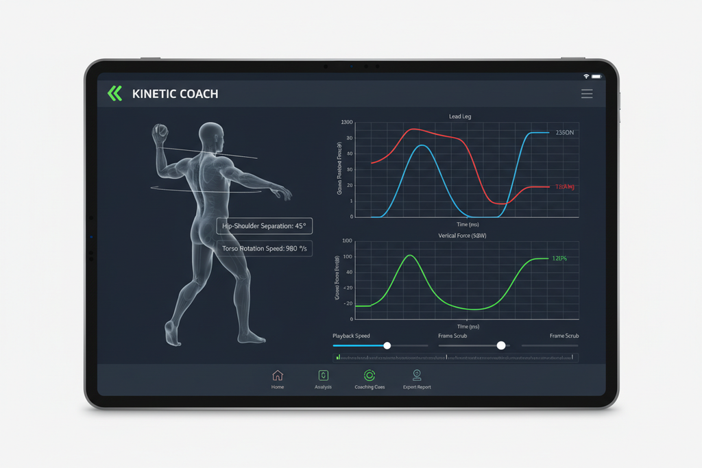 Biomechanics app showing hip-shoulder separation angles