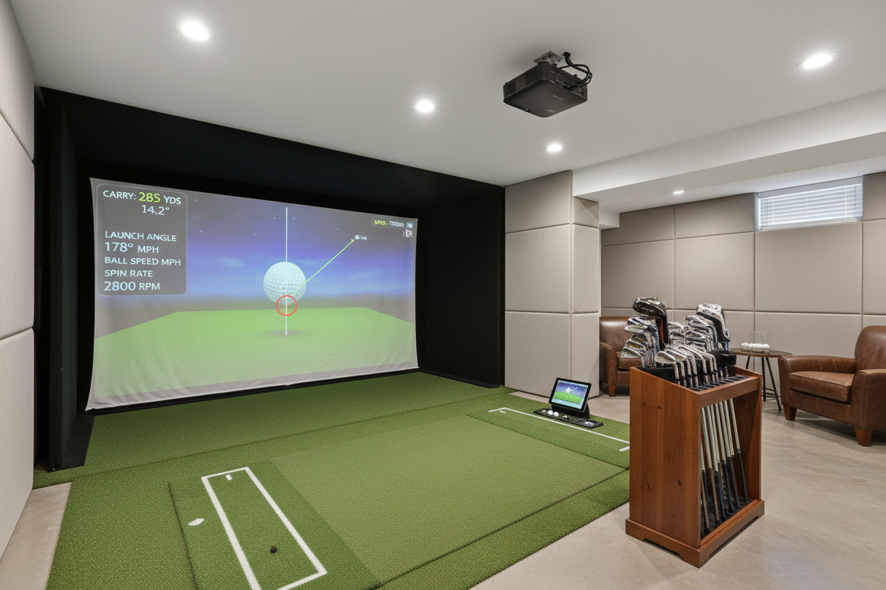 Complete indoor golf simulator setup with 10x5ft mat